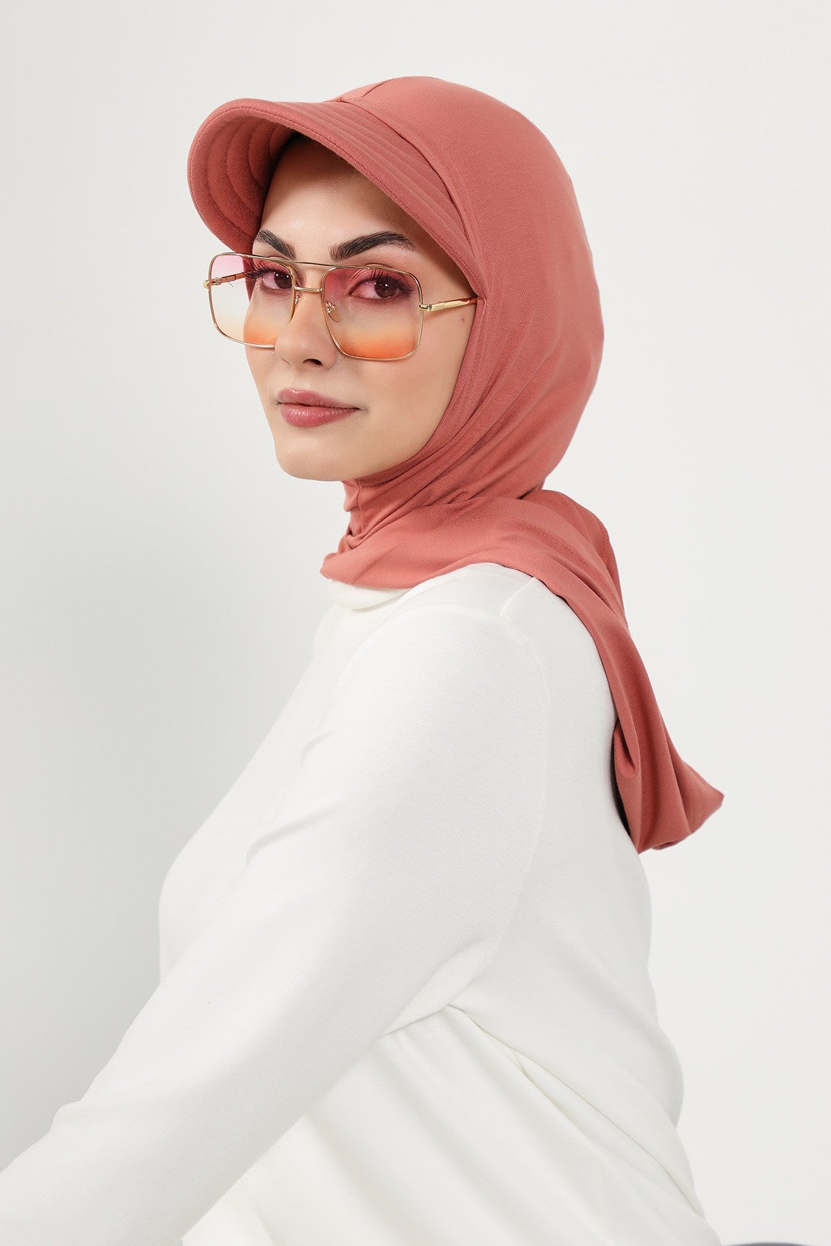 Full Coverage Cotton Bonnet Hijab with Visor, Ready to Wear Modest Visor Underscarf Bonnet with Neck Cover,B-88P Salmon