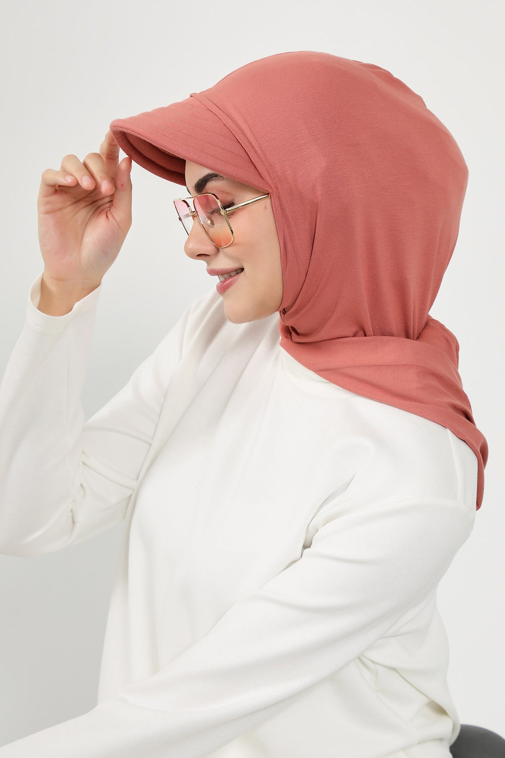 Full Coverage Cotton Bonnet Hijab with Visor, Ready to Wear Modest Visor Underscarf Bonnet with Neck Cover,B-88P Salmon
