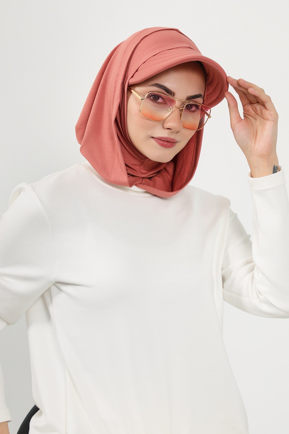 Full Coverage Cotton Bonnet Hijab with Visor, Ready to Wear Modest Visor Underscarf Bonnet with Neck Cover,B-88P Salmon