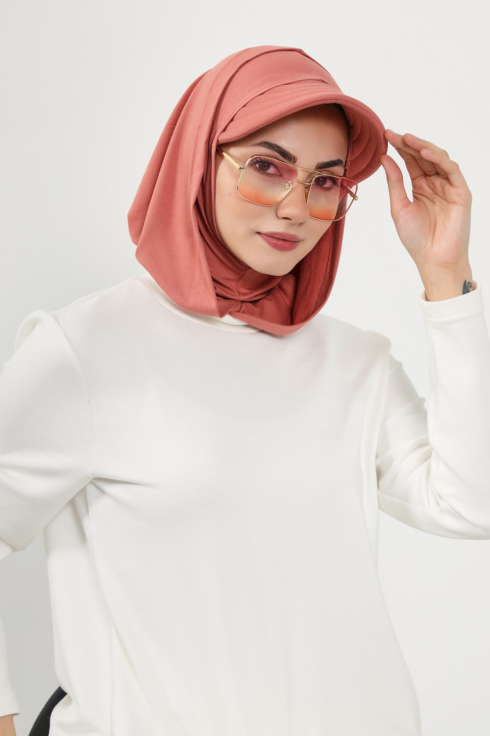 Full Coverage Cotton Bonnet Hijab with Visor, Ready to Wear Modest Visor Underscarf Bonnet with Neck Cover,B-88P Salmon