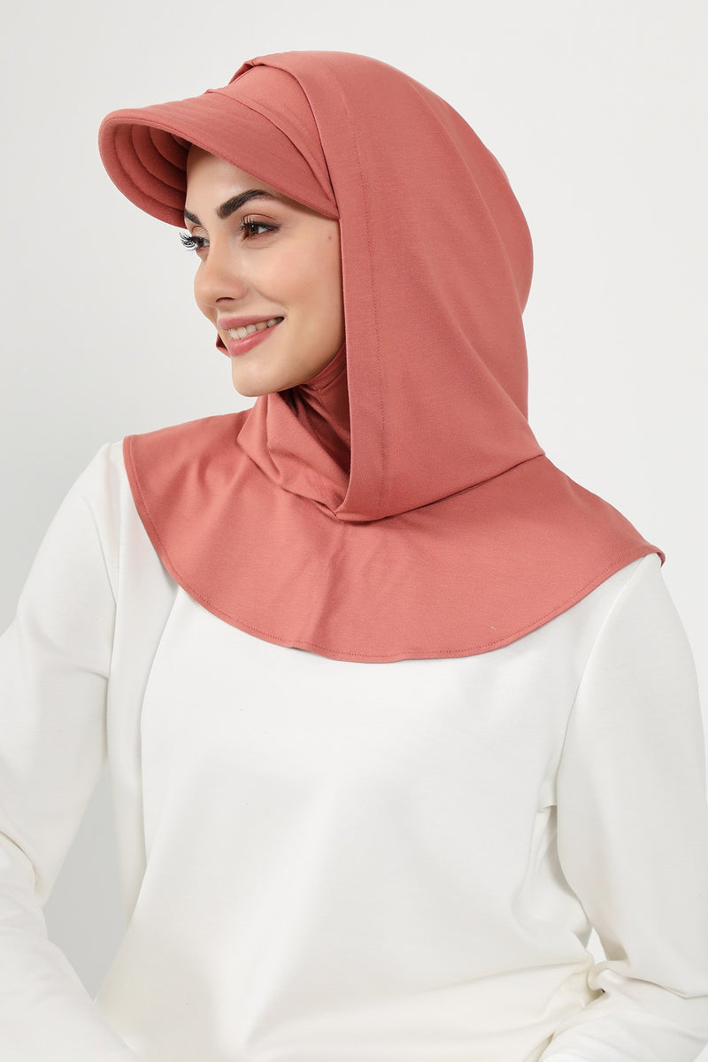 Full Coverage Cotton Bonnet Hijab with Visor, Ready to Wear Modest Visor Underscarf Bonnet with Neck Cover,B-88P Salmon