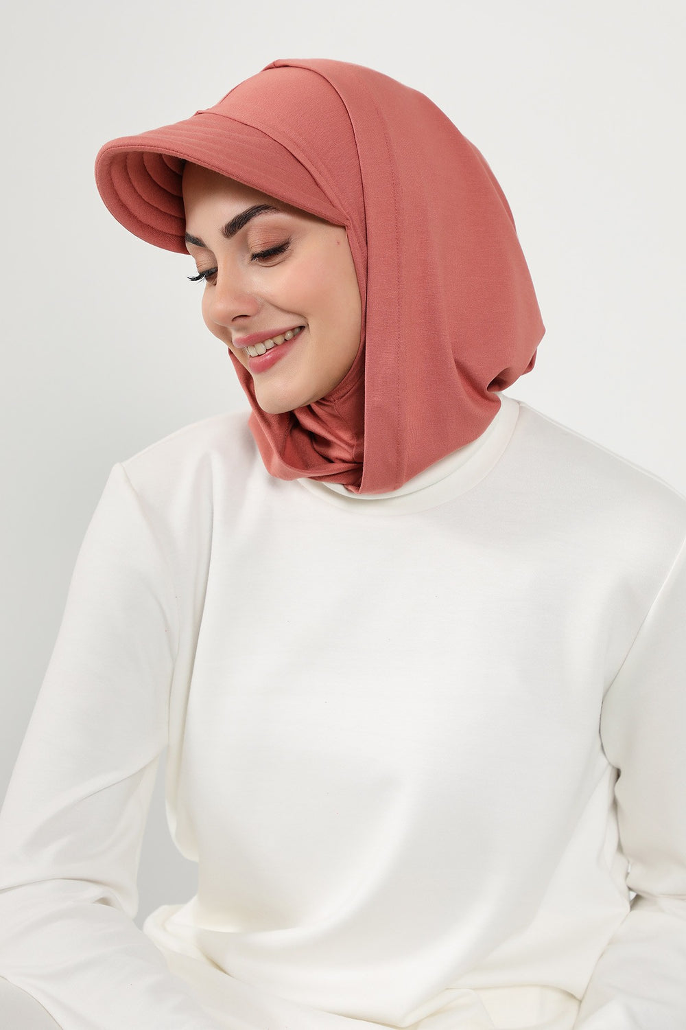 Full Coverage Cotton Bonnet Hijab with Visor, Ready to Wear Modest Visor Underscarf Bonnet with Neck Cover,B-88P Salmon