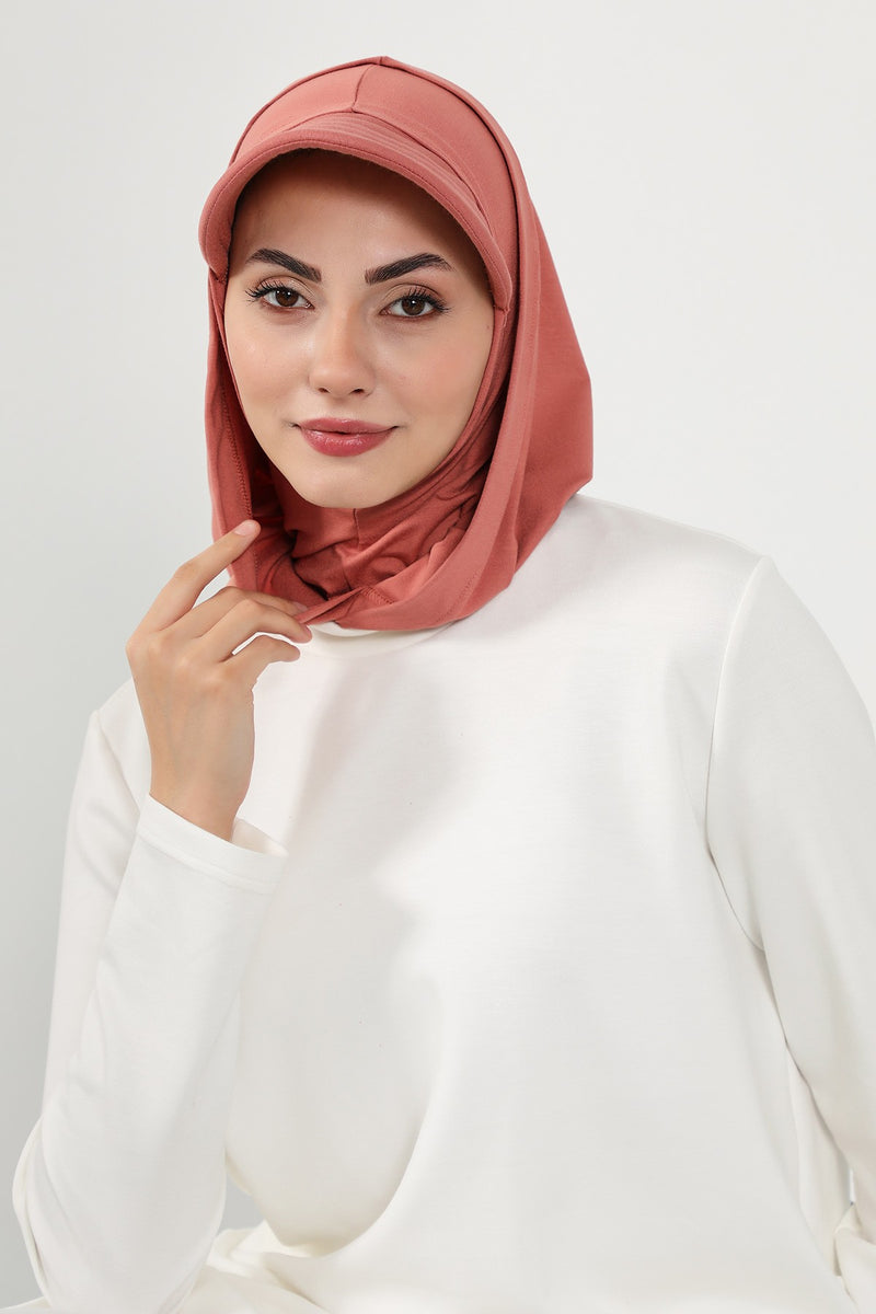 Full Coverage Cotton Bonnet Hijab with Visor, Ready to Wear Modest Visor Underscarf Bonnet with Neck Cover,B-88P Salmon