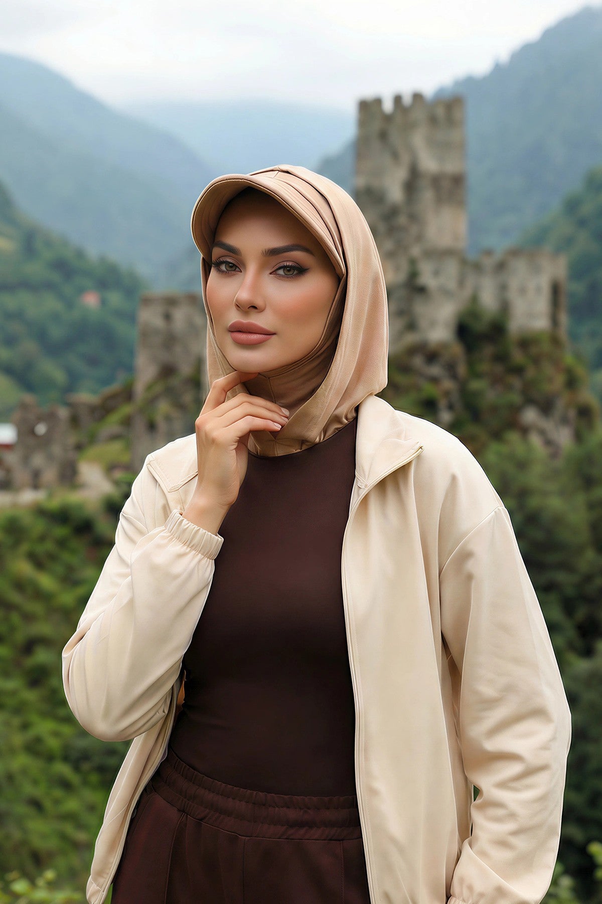 Full Coverage Cotton Bonnet Hijab with Visor, Ready to Wear Modest Visor Underscarf Bonnet with Neck Cover,B-88P Sand Brown
