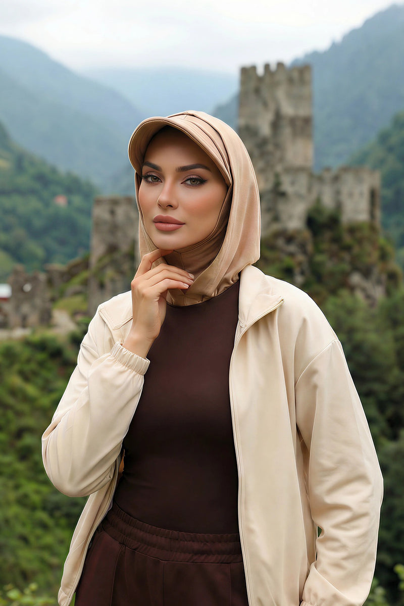 Full Coverage Cotton Bonnet Hijab with Visor, Ready to Wear Modest Visor Underscarf Bonnet with Neck Cover,B-88P Sand Brown