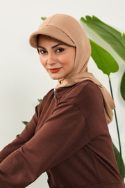 Full Coverage Cotton Bonnet Hijab with Visor, Ready to Wear Modest Visor Underscarf Bonnet with Neck Cover,B-88P Sand Brown