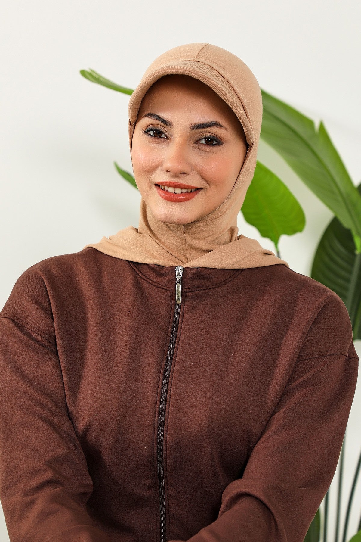 Full Coverage Cotton Bonnet Hijab with Visor, Ready to Wear Modest Visor Underscarf Bonnet with Neck Cover,B-88P Sand Brown