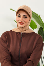 Full Coverage Cotton Bonnet Hijab with Visor, Ready to Wear Modest Visor Underscarf Bonnet with Neck Cover,B-88P Sand Brown