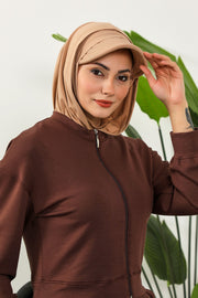 Full Coverage Cotton Bonnet Hijab with Visor, Ready to Wear Modest Visor Underscarf Bonnet with Neck Cover,B-88P Sand Brown