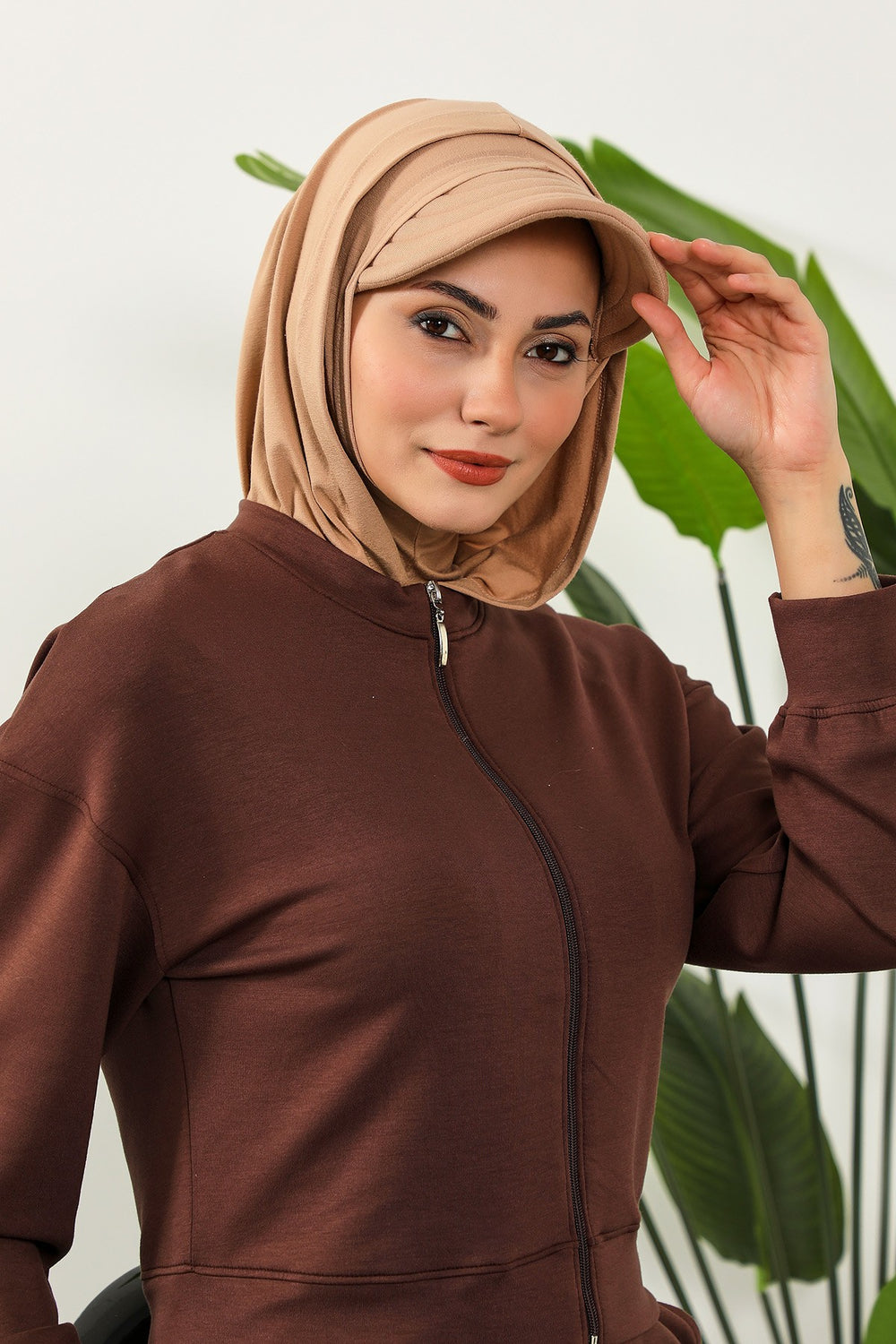 Full Coverage Cotton Bonnet Hijab with Visor, Ready to Wear Modest Visor Underscarf Bonnet with Neck Cover,B-88P Sand Brown