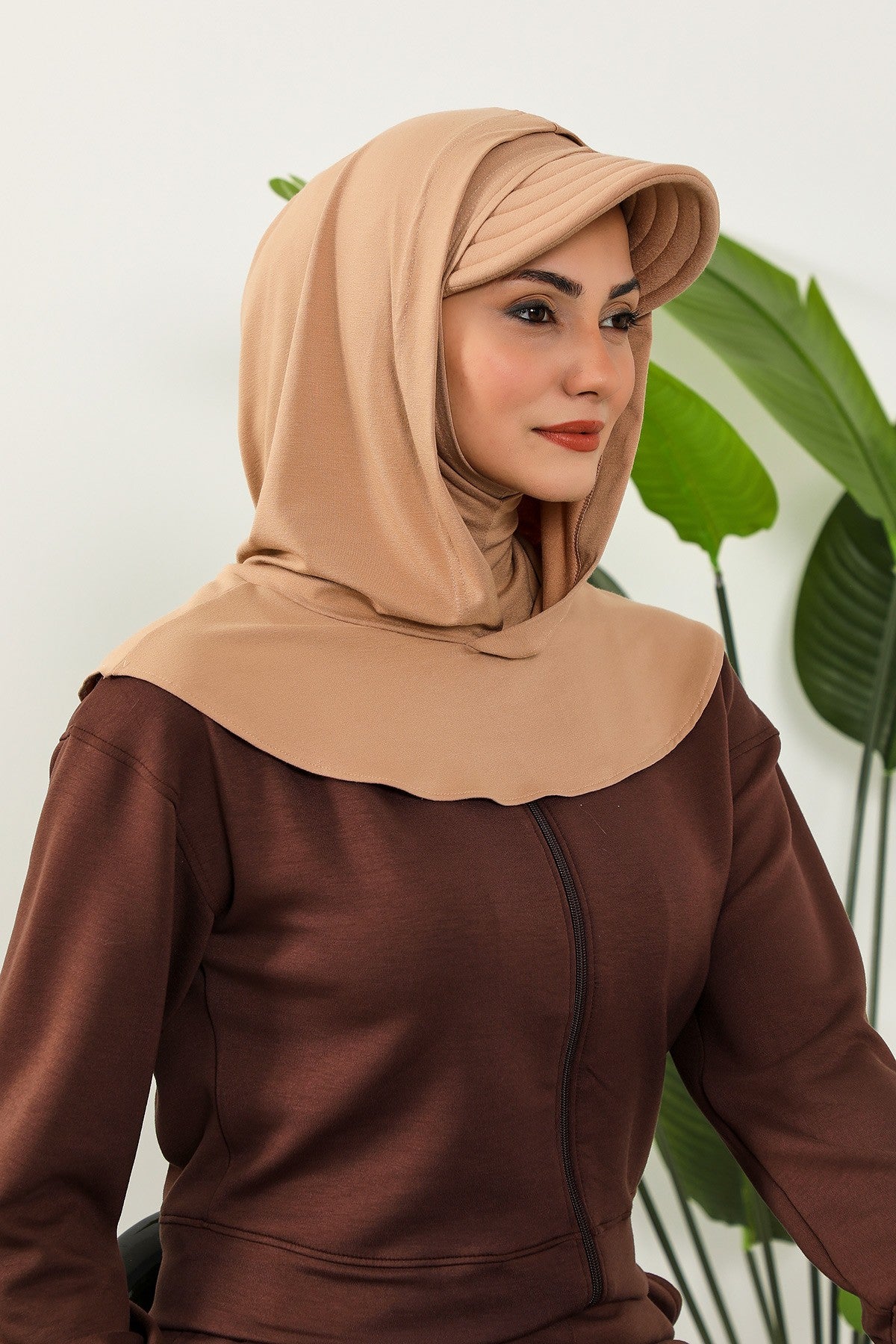 Full Coverage Cotton Bonnet Hijab with Visor, Ready to Wear Modest Visor Underscarf Bonnet with Neck Cover,B-88P Sand Brown