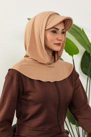 Full Coverage Cotton Bonnet Hijab with Visor, Ready to Wear Modest Visor Underscarf Bonnet with Neck Cover,B-88P Sand Brown