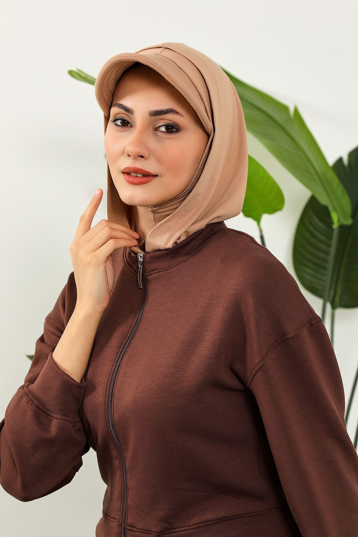 Full Coverage Cotton Bonnet Hijab with Visor, Ready to Wear Modest Visor Underscarf Bonnet with Neck Cover,B-88P Sand Brown