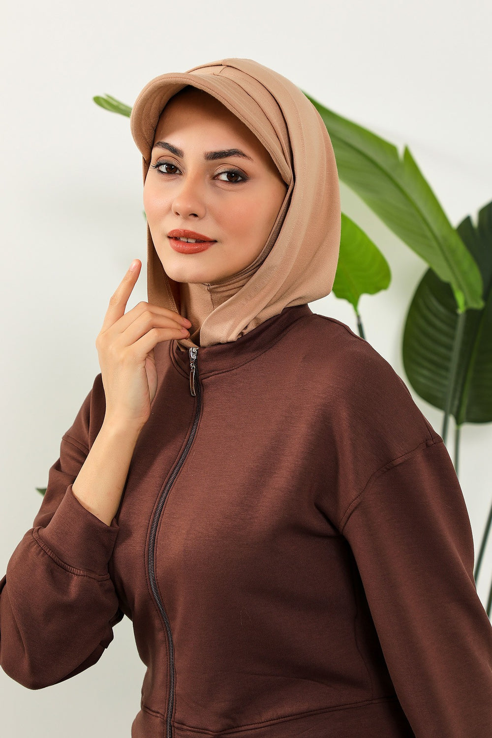 Full Coverage Cotton Bonnet Hijab with Visor, Ready to Wear Modest Visor Underscarf Bonnet with Neck Cover,B-88P Sand Brown