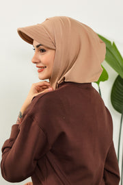 Full Coverage Cotton Bonnet Hijab with Visor, Ready to Wear Modest Visor Underscarf Bonnet with Neck Cover,B-88P Sand Brown