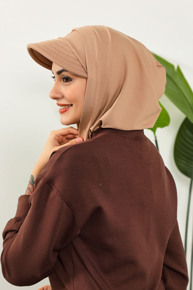 Full Coverage Cotton Bonnet Hijab with Visor, Ready to Wear Modest Visor Underscarf Bonnet with Neck Cover,B-88P Sand Brown