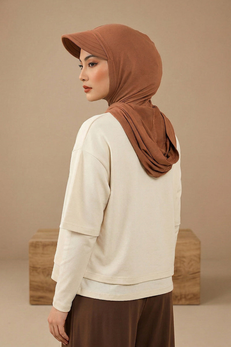Full Coverage Cotton Bonnet Hijab with Visor, Ready to Wear Modest Visor Underscarf Bonnet with Neck Cover,B-88P Caramel Brown