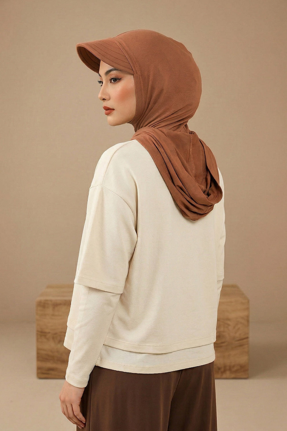 Full Coverage Cotton Bonnet Hijab with Visor, Ready to Wear Modest Visor Underscarf Bonnet with Neck Cover,B-88P Caramel Brown