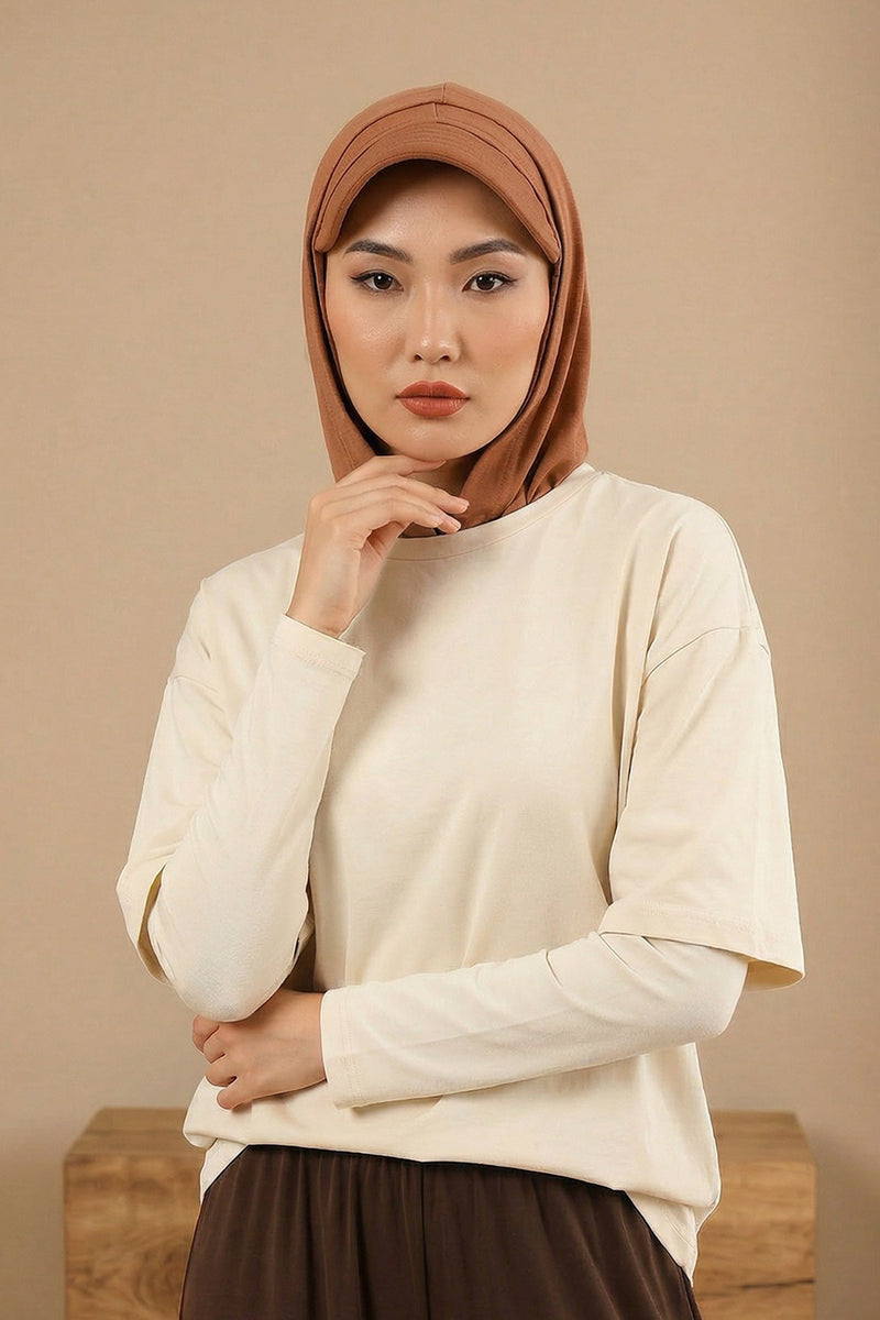 Full Coverage Cotton Bonnet Hijab with Visor, Ready to Wear Modest Visor Underscarf Bonnet with Neck Cover,B-88P Caramel Brown