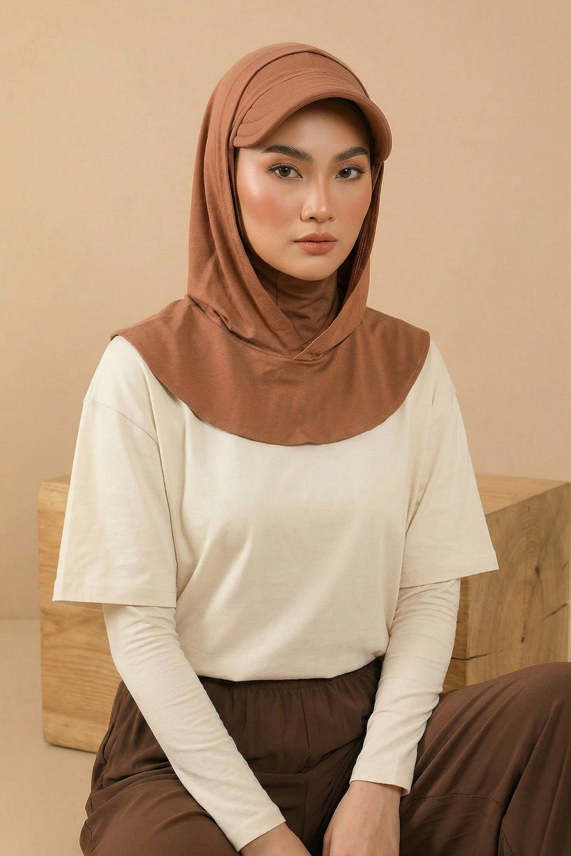 Full Coverage Cotton Bonnet Hijab with Visor, Ready to Wear Modest Visor Underscarf Bonnet with Neck Cover,B-88P Caramel Brown