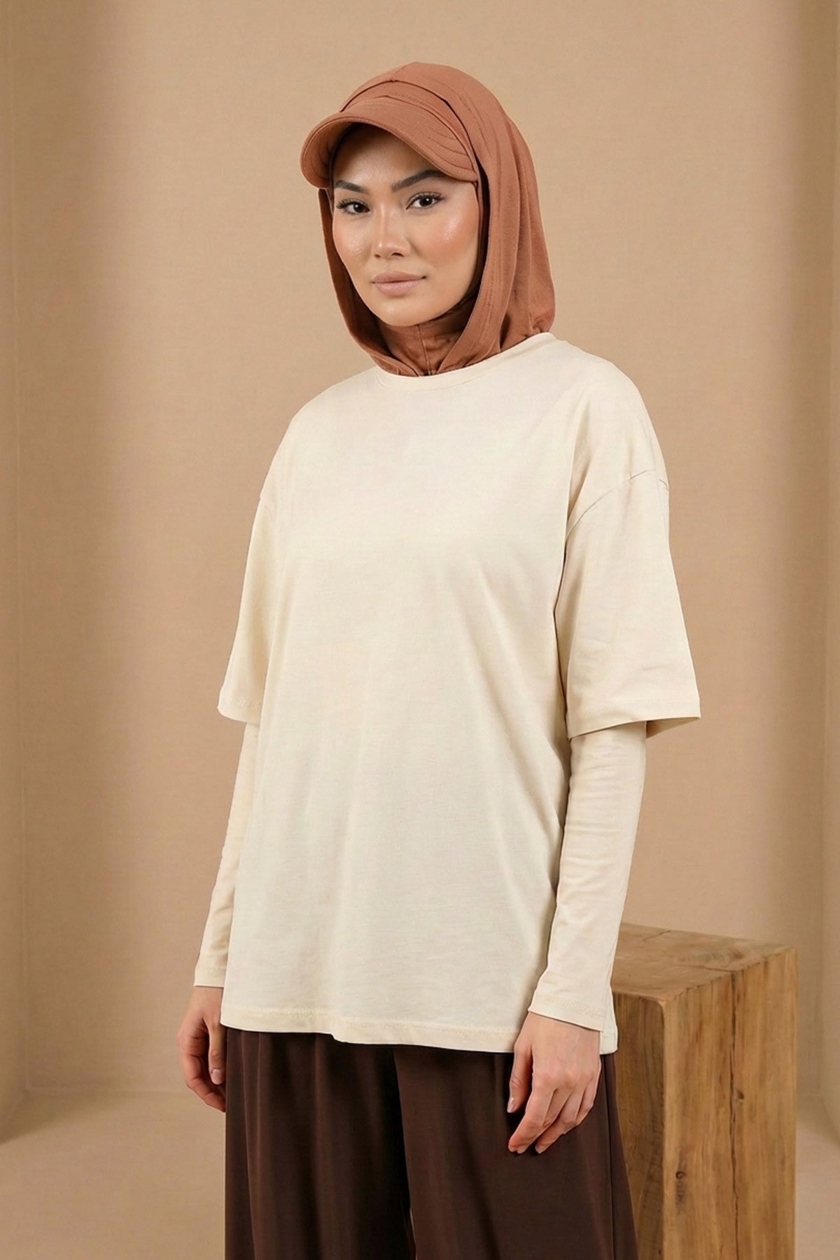 Full Coverage Cotton Bonnet Hijab with Visor, Ready to Wear Modest Visor Underscarf Bonnet with Neck Cover,B-88P Caramel Brown
