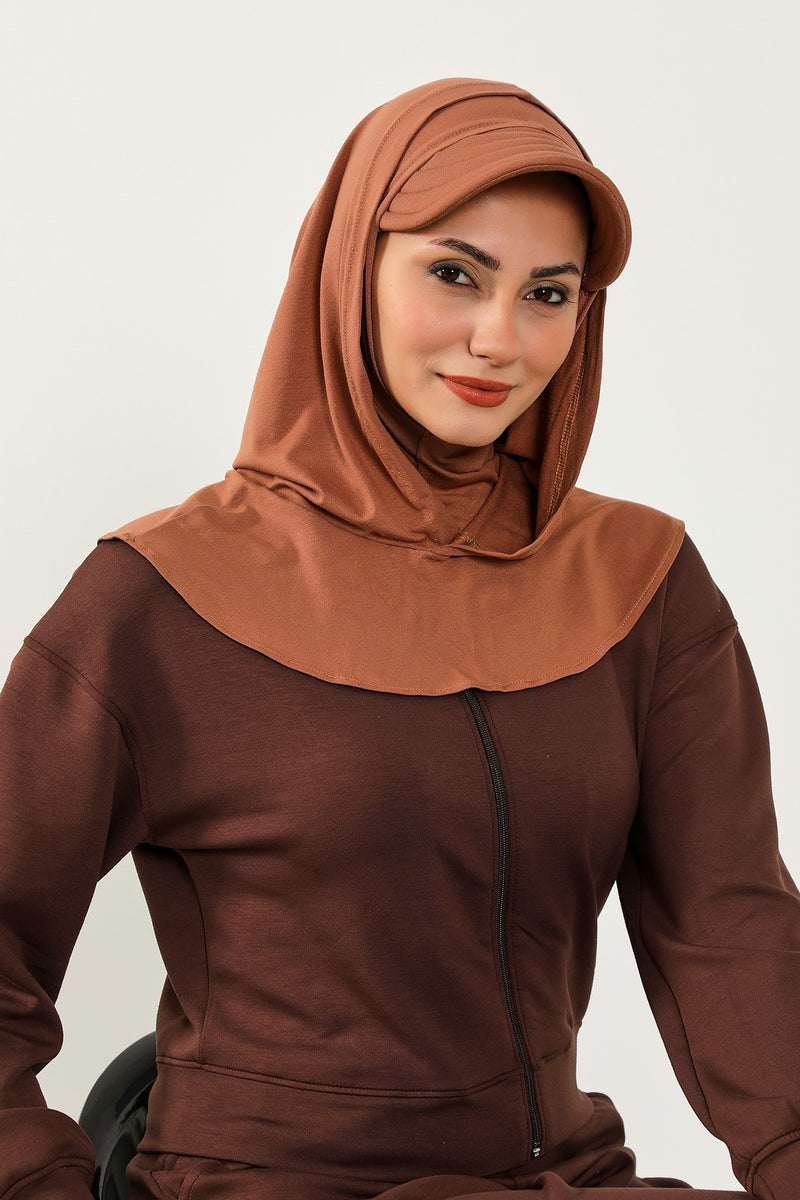 Full Coverage Cotton Bonnet Hijab with Visor, Ready to Wear Modest Visor Underscarf Bonnet with Neck Cover,B-88P Caramel Brown