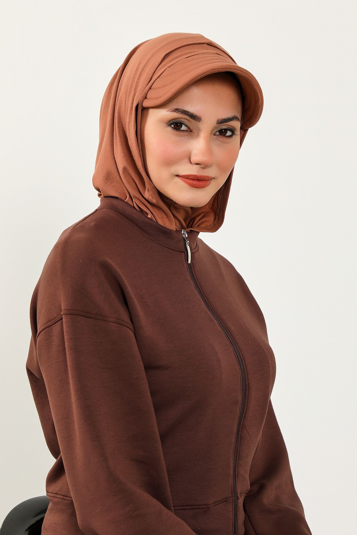 Full Coverage Cotton Bonnet Hijab with Visor, Ready to Wear Modest Visor Underscarf Bonnet with Neck Cover,B-88P Caramel Brown