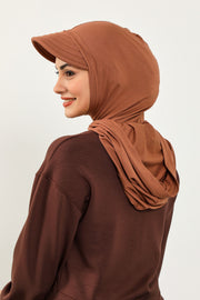 Full Coverage Cotton Bonnet Hijab with Visor, Ready to Wear Modest Visor Underscarf Bonnet with Neck Cover,B-88P Caramel Brown