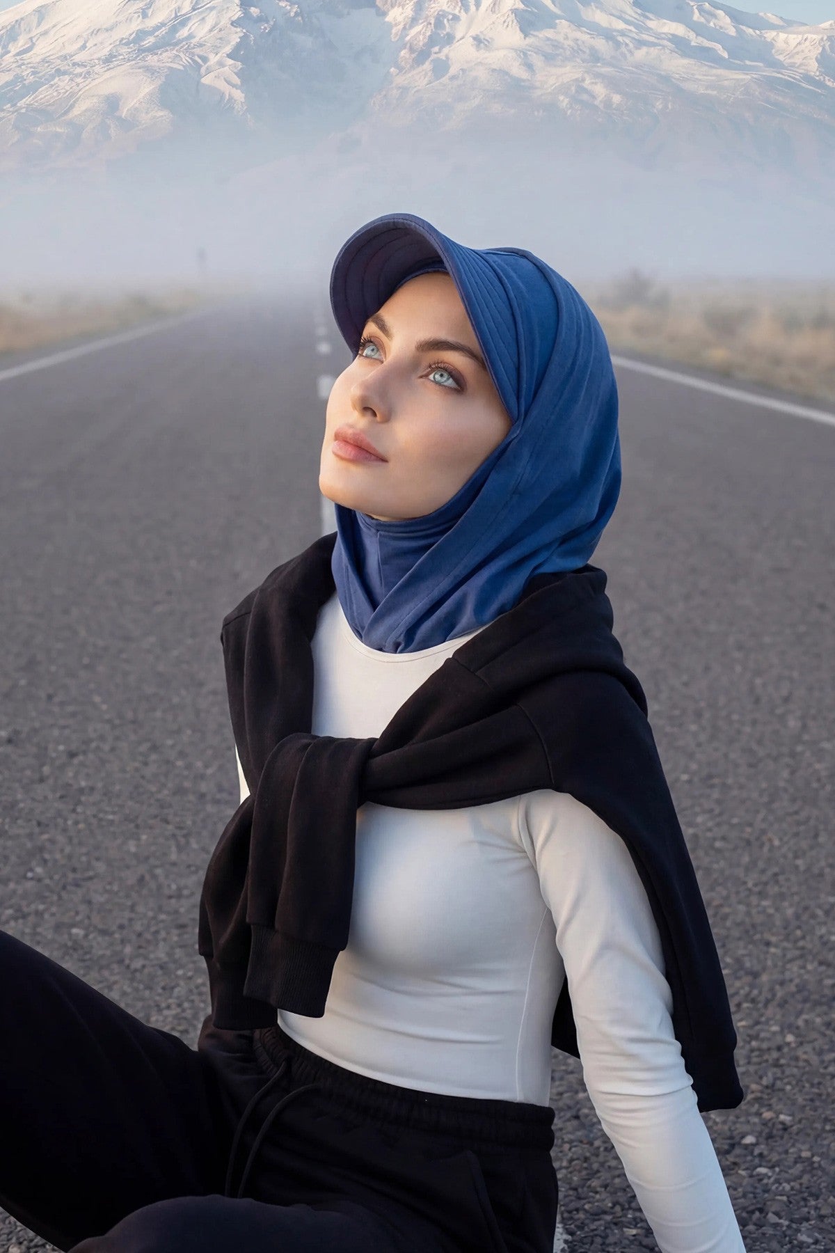 Full Coverage Cotton Bonnet Hijab with Visor, Ready to Wear Modest Visor Underscarf Bonnet with Neck Cover,B-88P İndigo