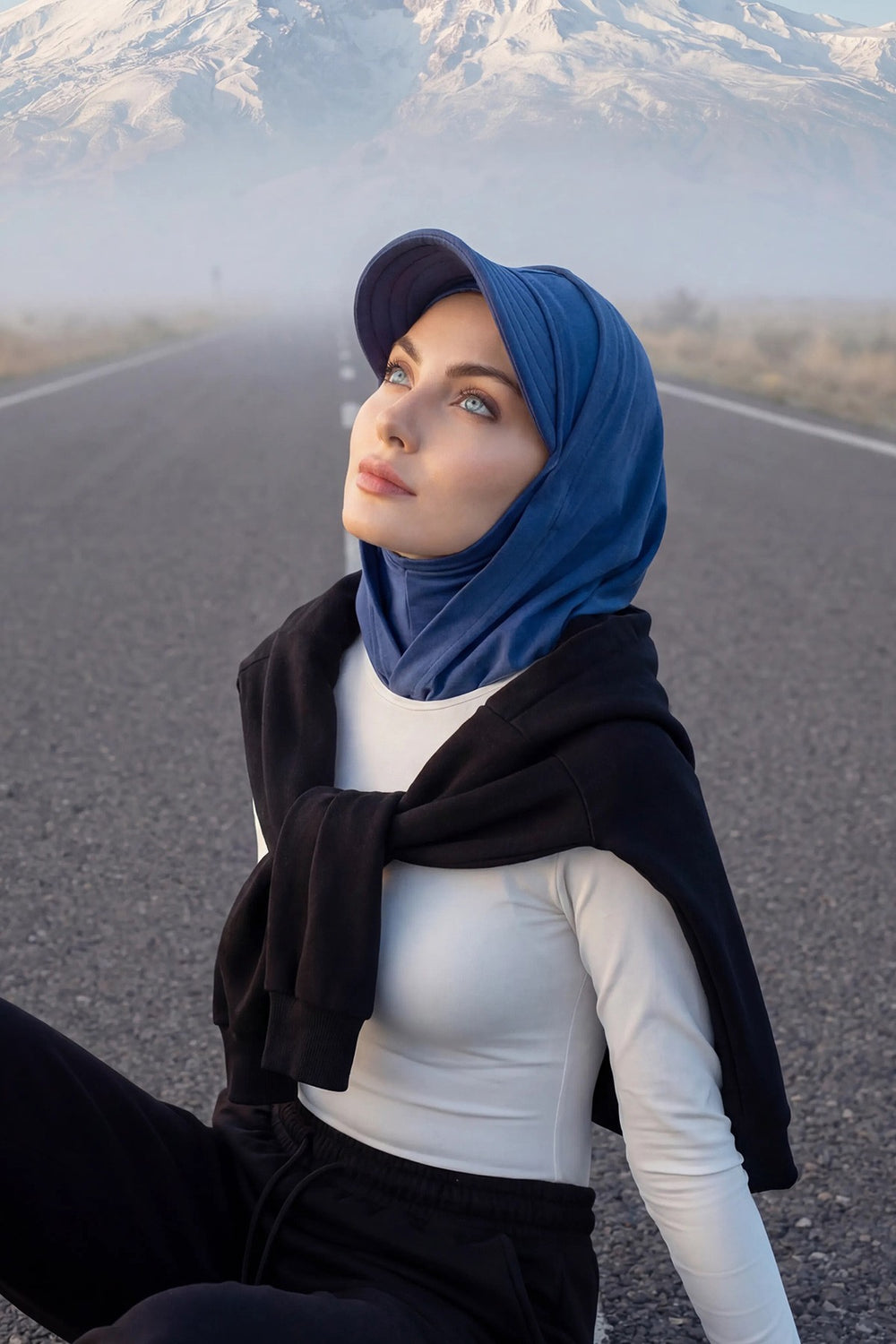 Full Coverage Cotton Bonnet Hijab with Visor, Ready to Wear Modest Visor Underscarf Bonnet with Neck Cover,B-88P İndigo