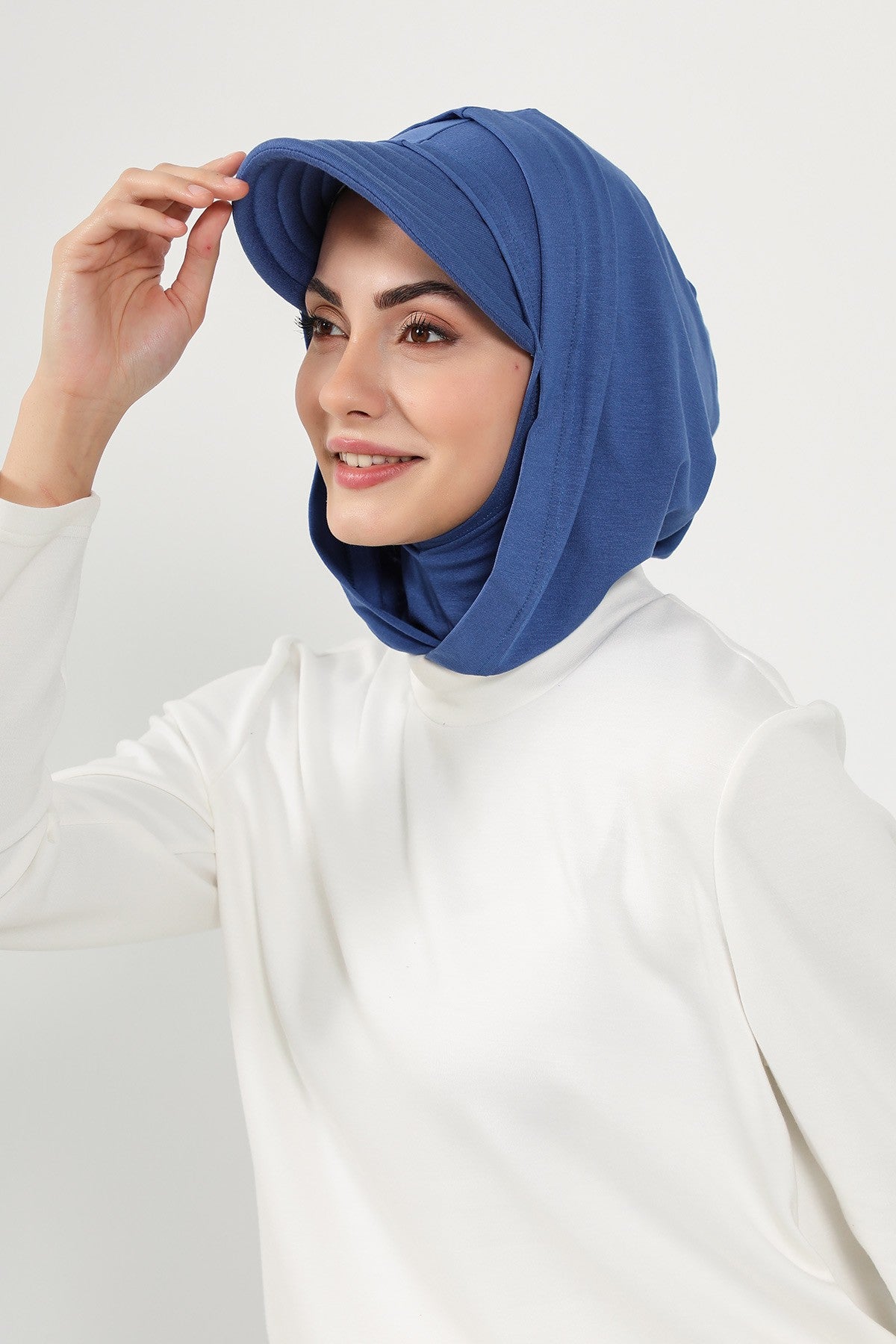Full Coverage Cotton Bonnet Hijab with Visor, Ready to Wear Modest Visor Underscarf Bonnet with Neck Cover,B-88P İndigo