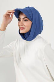 Full Coverage Cotton Bonnet Hijab with Visor, Ready to Wear Modest Visor Underscarf Bonnet with Neck Cover,B-88P İndigo