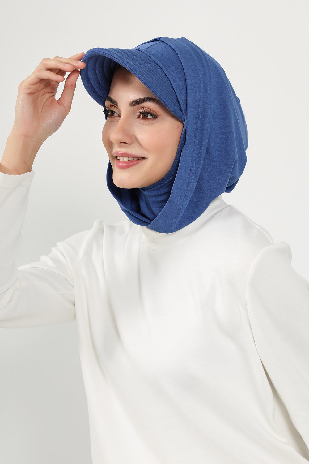 Full Coverage Cotton Bonnet Hijab with Visor, Ready to Wear Modest Visor Underscarf Bonnet with Neck Cover,B-88P İndigo