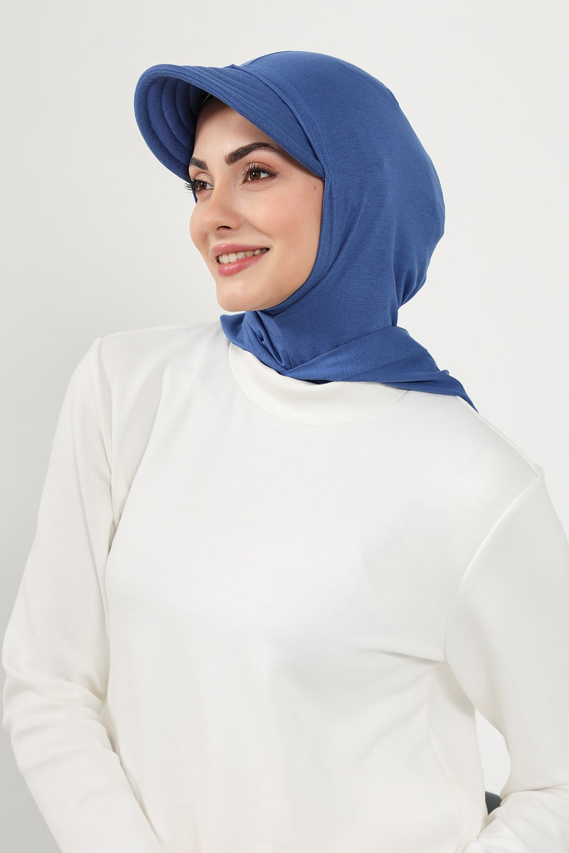 Full Coverage Cotton Bonnet Hijab with Visor, Ready to Wear Modest Visor Underscarf Bonnet with Neck Cover,B-88P İndigo