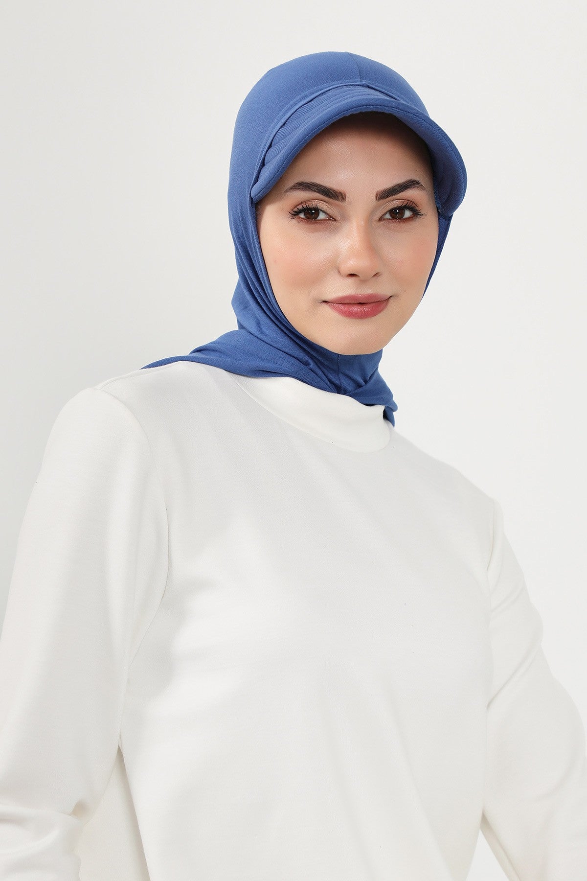 Full Coverage Cotton Bonnet Hijab with Visor, Ready to Wear Modest Visor Underscarf Bonnet with Neck Cover,B-88P İndigo
