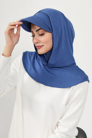 Full Coverage Cotton Bonnet Hijab with Visor, Ready to Wear Modest Visor Underscarf Bonnet with Neck Cover,B-88P İndigo