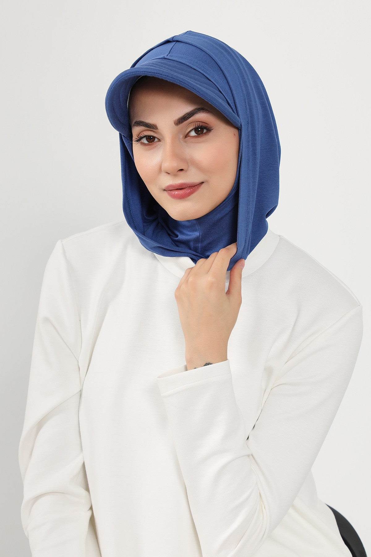 Full Coverage Cotton Bonnet Hijab with Visor, Ready to Wear Modest Visor Underscarf Bonnet with Neck Cover,B-88P İndigo