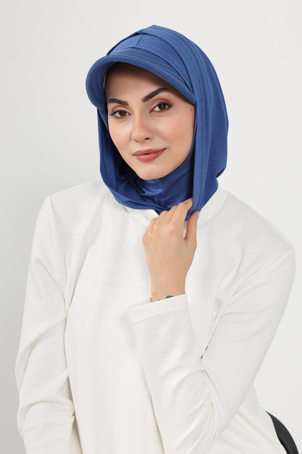 Full Coverage Cotton Bonnet Hijab with Visor, Ready to Wear Modest Visor Underscarf Bonnet with Neck Cover,B-88P İndigo