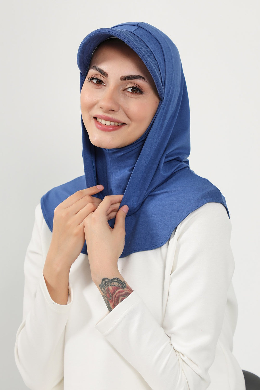 Full Coverage Cotton Bonnet Hijab with Visor, Ready to Wear Modest Visor Underscarf Bonnet with Neck Cover,B-88P İndigo