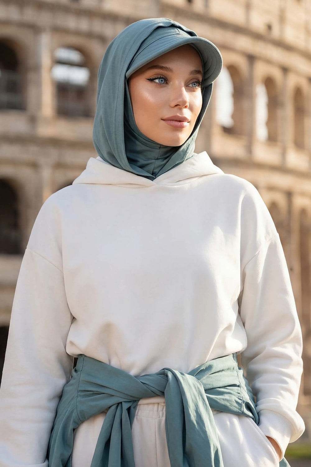 Full Coverage Cotton Bonnet Hijab with Visor, Ready to Wear Modest Visor Underscarf Bonnet with Neck Cover,B-88P Dark Mint