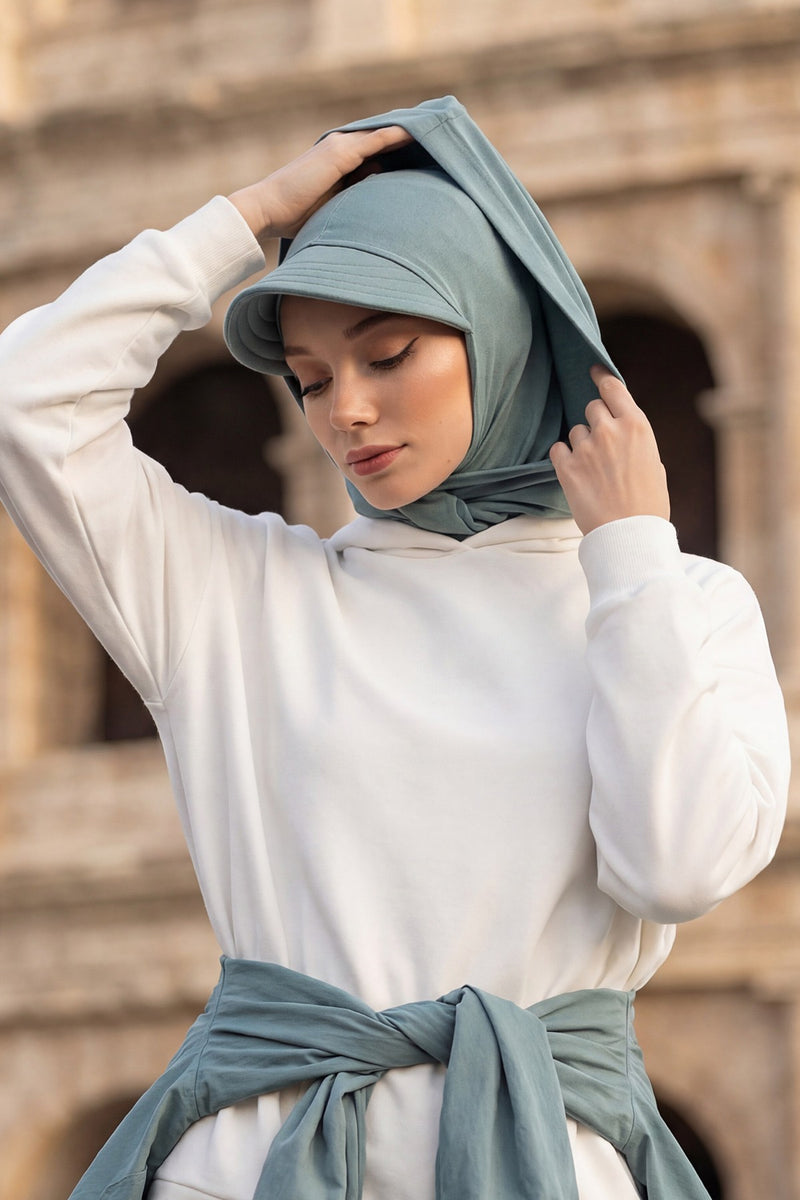 Full Coverage Cotton Bonnet Hijab with Visor, Ready to Wear Modest Visor Underscarf Bonnet with Neck Cover,B-88P Dark Mint