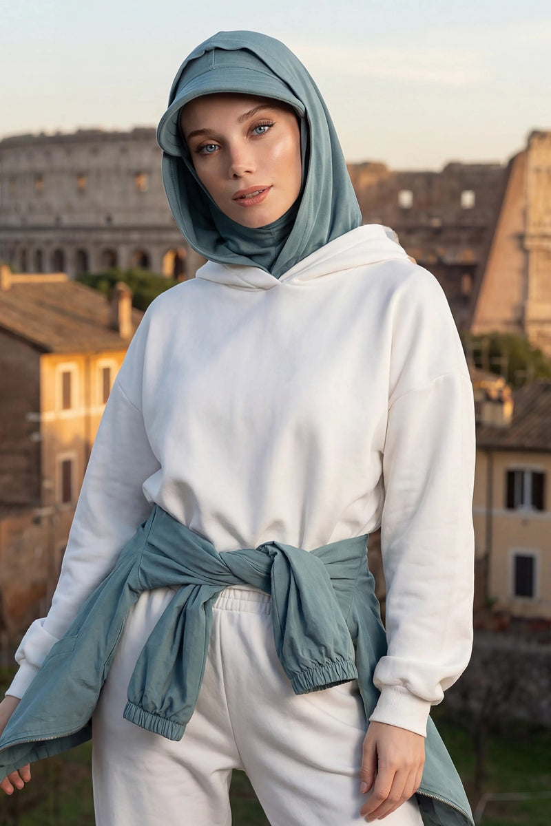 Full Coverage Cotton Bonnet Hijab with Visor, Ready to Wear Modest Visor Underscarf Bonnet with Neck Cover,B-88P Dark Mint