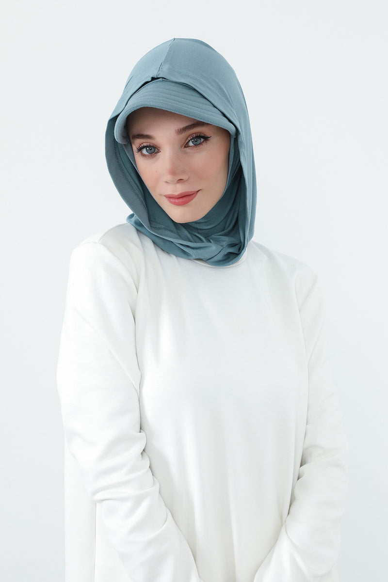 Full Coverage Cotton Bonnet Hijab with Visor, Ready to Wear Modest Visor Underscarf Bonnet with Neck Cover,B-88P Dark Mint