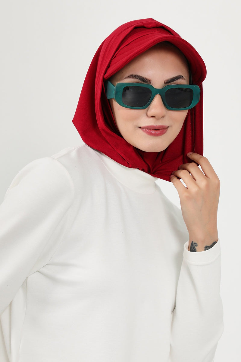 Full Coverage Cotton Bonnet Hijab with Visor, Ready to Wear Modest Visor Underscarf Bonnet with Neck Cover,B-88P Maroon