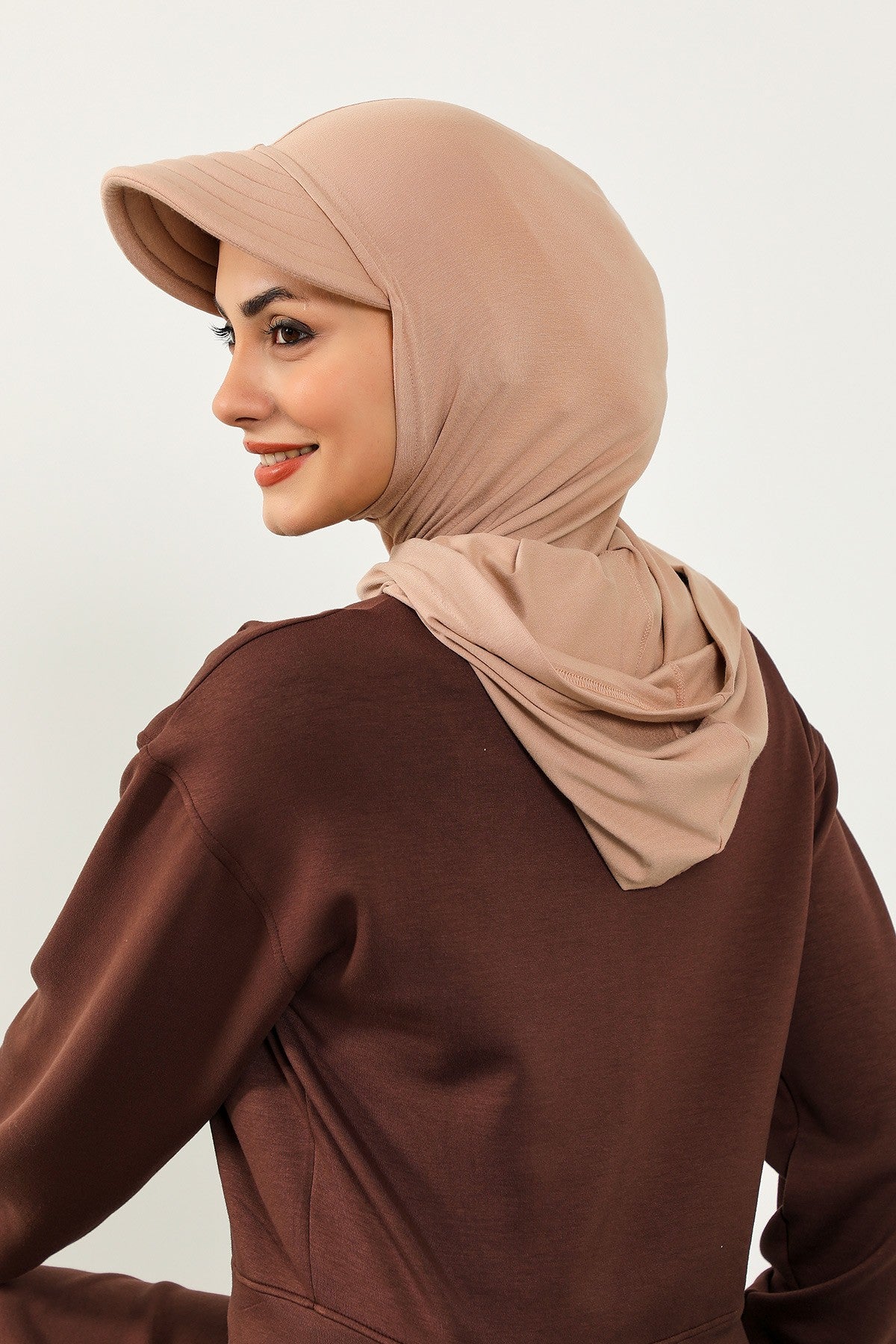 Full Coverage Cotton Bonnet Hijab with Visor, Ready to Wear Modest Visor Underscarf Bonnet with Neck Cover,B-88P Light Mink