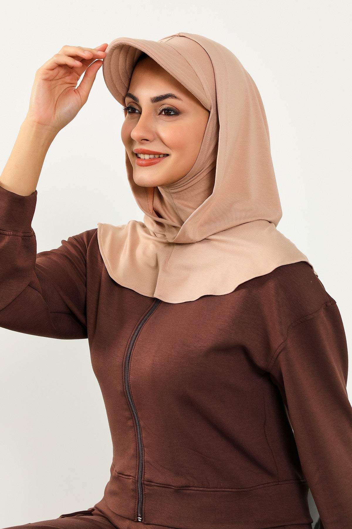 Full Coverage Cotton Bonnet Hijab with Visor, Ready to Wear Modest Visor Underscarf Bonnet with Neck Cover,B-88P Light Mink