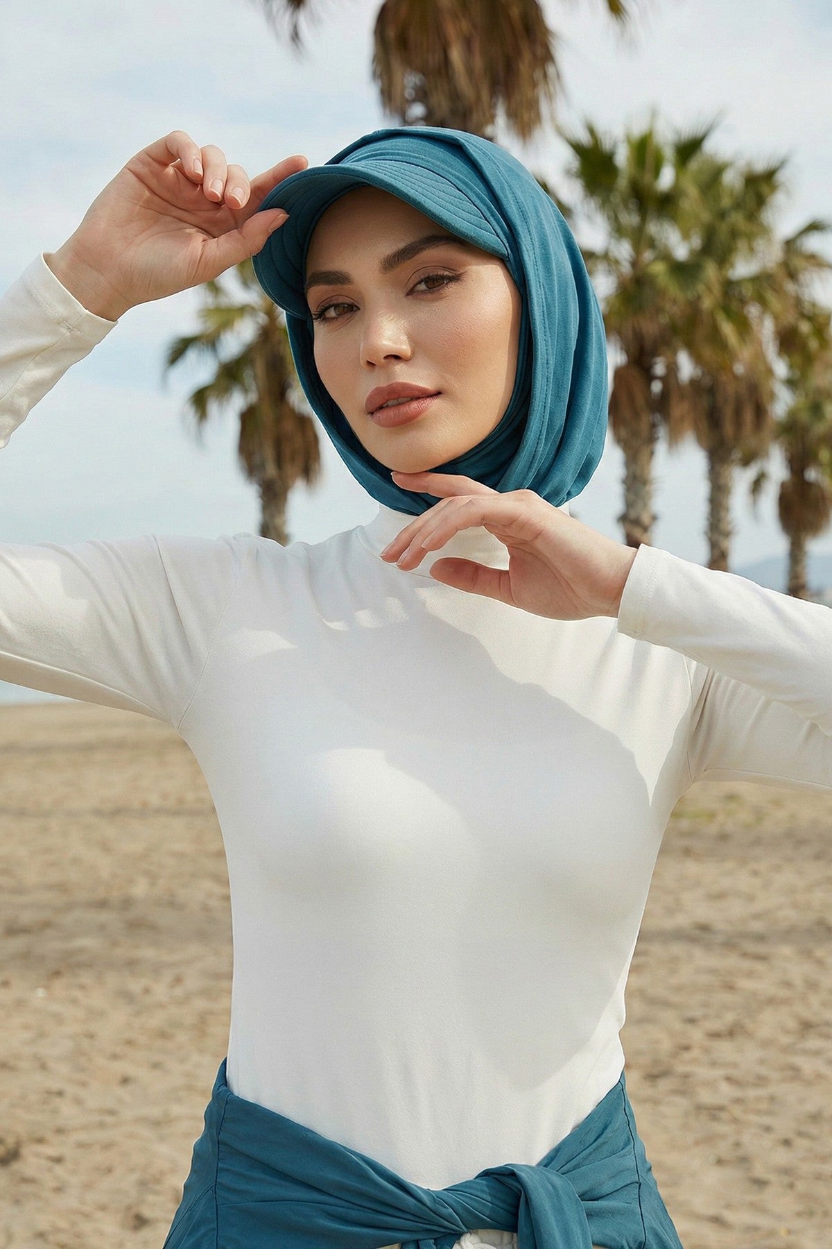 Full Coverage Cotton Bonnet Hijab with Visor, Ready to Wear Modest Visor Underscarf Bonnet with Neck Cover,B-88P Petrol Blue
