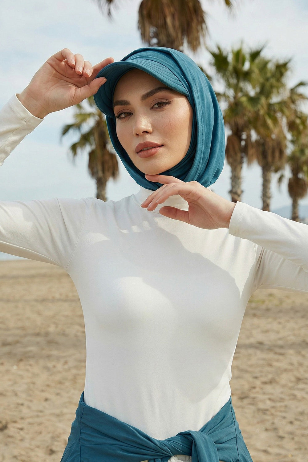 Full Coverage Cotton Bonnet Hijab with Visor, Ready to Wear Modest Visor Underscarf Bonnet with Neck Cover,B-88P Petrol Blue