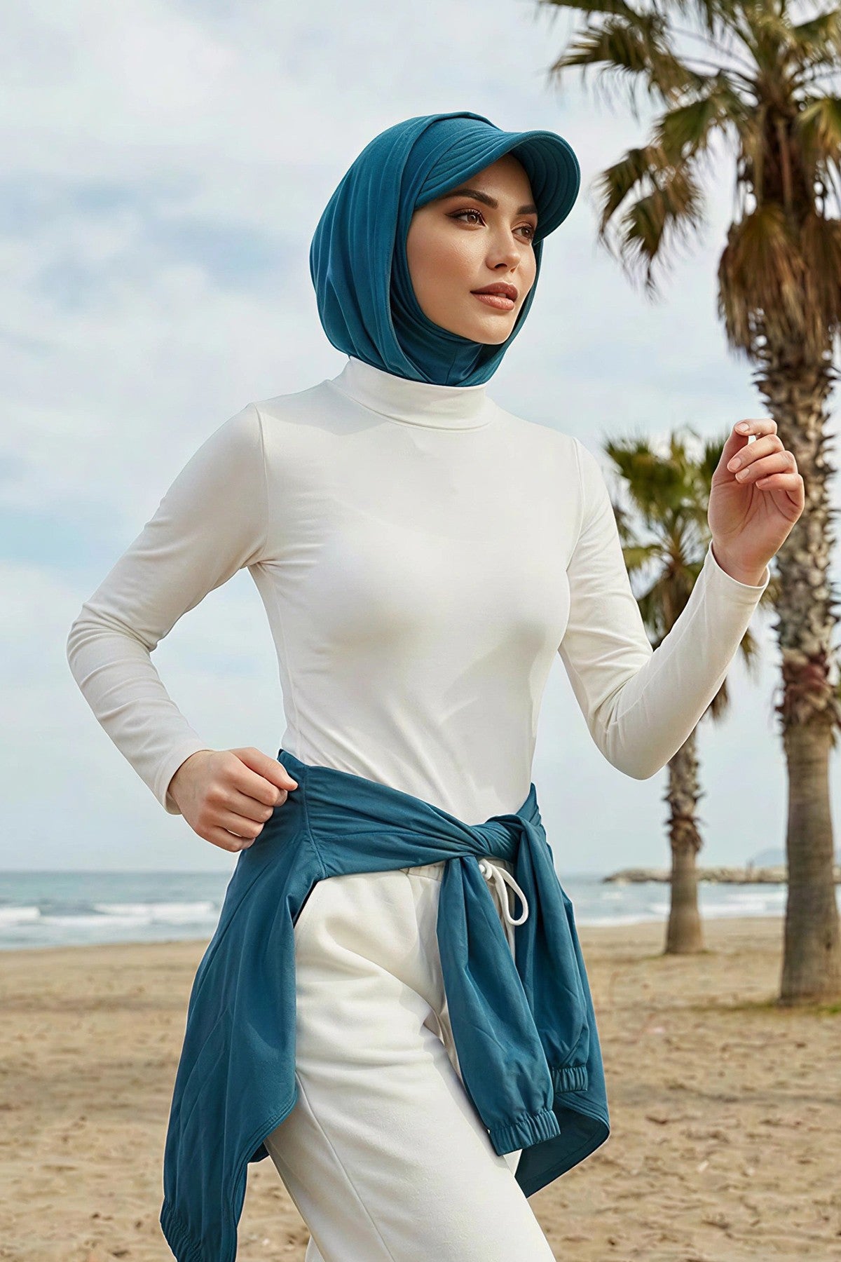 Full Coverage Cotton Bonnet Hijab with Visor, Ready to Wear Modest Visor Underscarf Bonnet with Neck Cover,B-88P Petrol Blue
