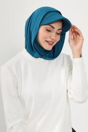 Full Coverage Cotton Bonnet Hijab with Visor, Ready to Wear Modest Visor Underscarf Bonnet with Neck Cover,B-88P Petrol Blue